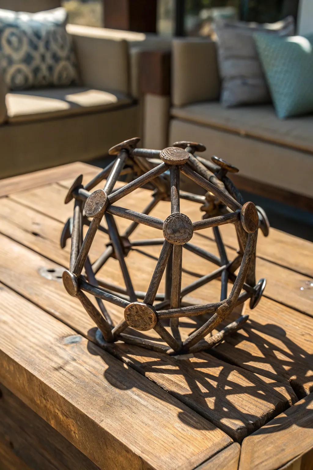 Transforming the ordinary into extraordinary: a stunning railroad spike sculpture for your living space.