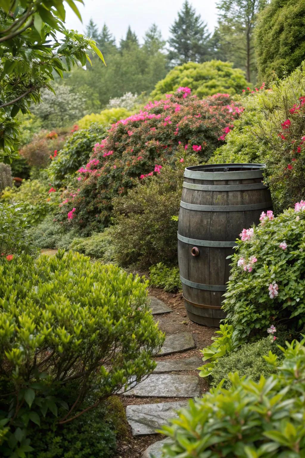 Dense shrubs effectively hide your rain barrel, blending it into the garden landscape.