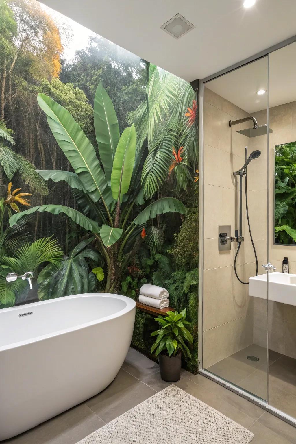 A wall mural can transport you to a rainforest.