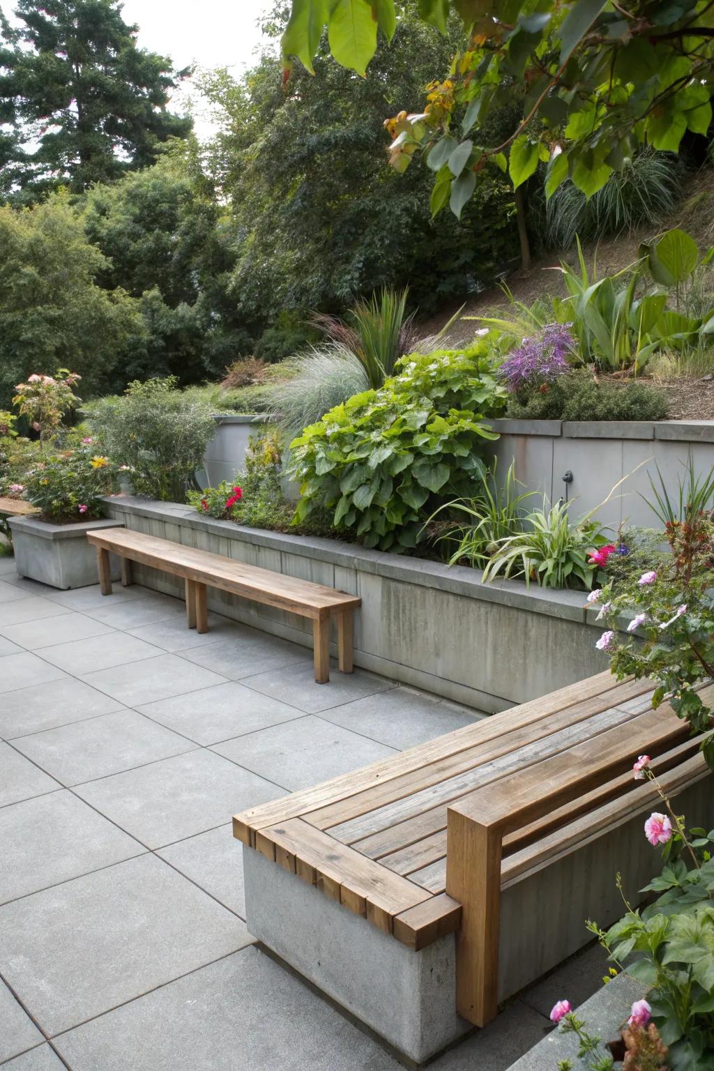 Wood accents add warmth to this raised concrete patio.