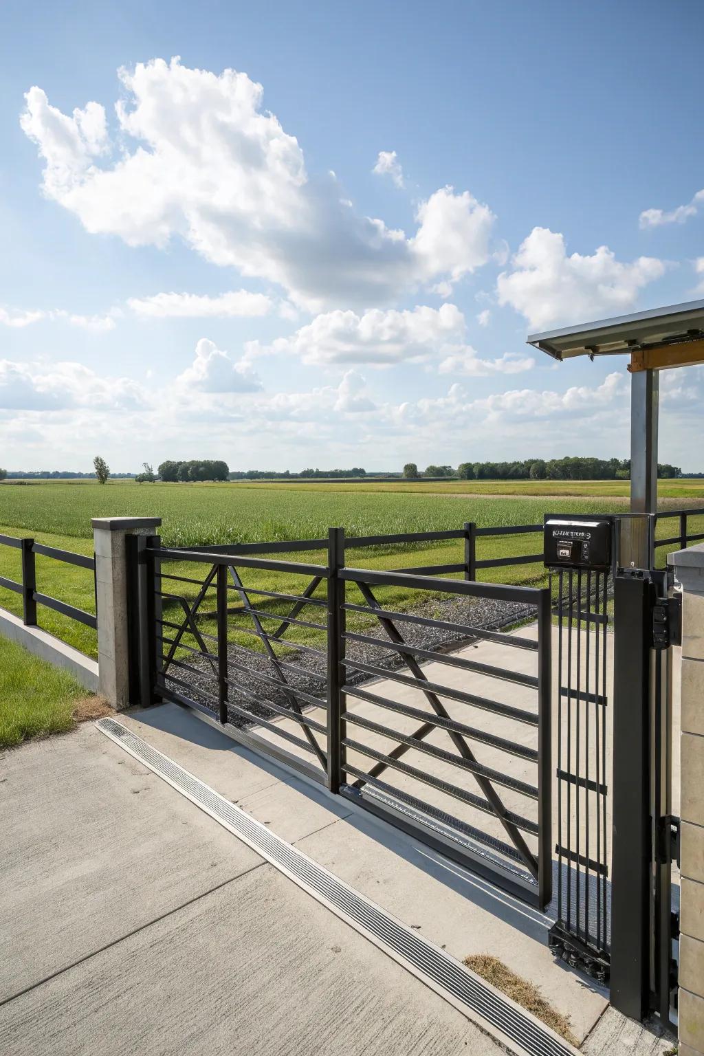 Automated gates blend convenience with style at this ranch entrance.