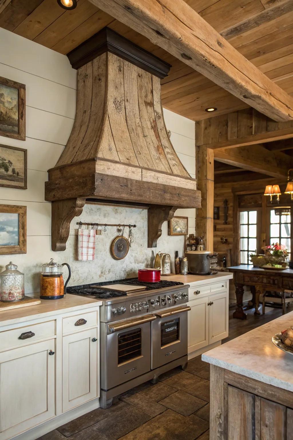 Rustic wooden range hoods bring warmth and character to a kitchen.