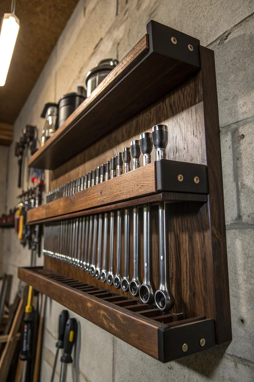 Elevate your workshop with expertly crafted wall-mounted racks that showcase your ratchets in style.