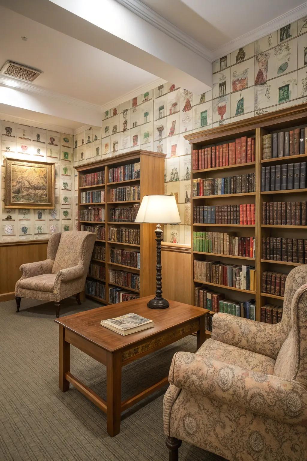 A library vibe offers a scholarly and cozy reading space.