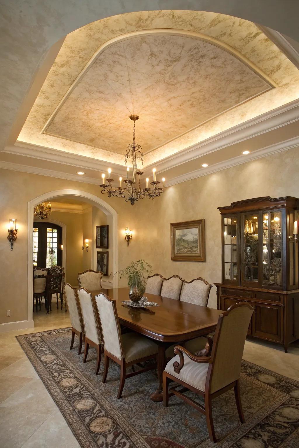 A dining room featuring a luxurious Venetian plaster recessed ceiling.