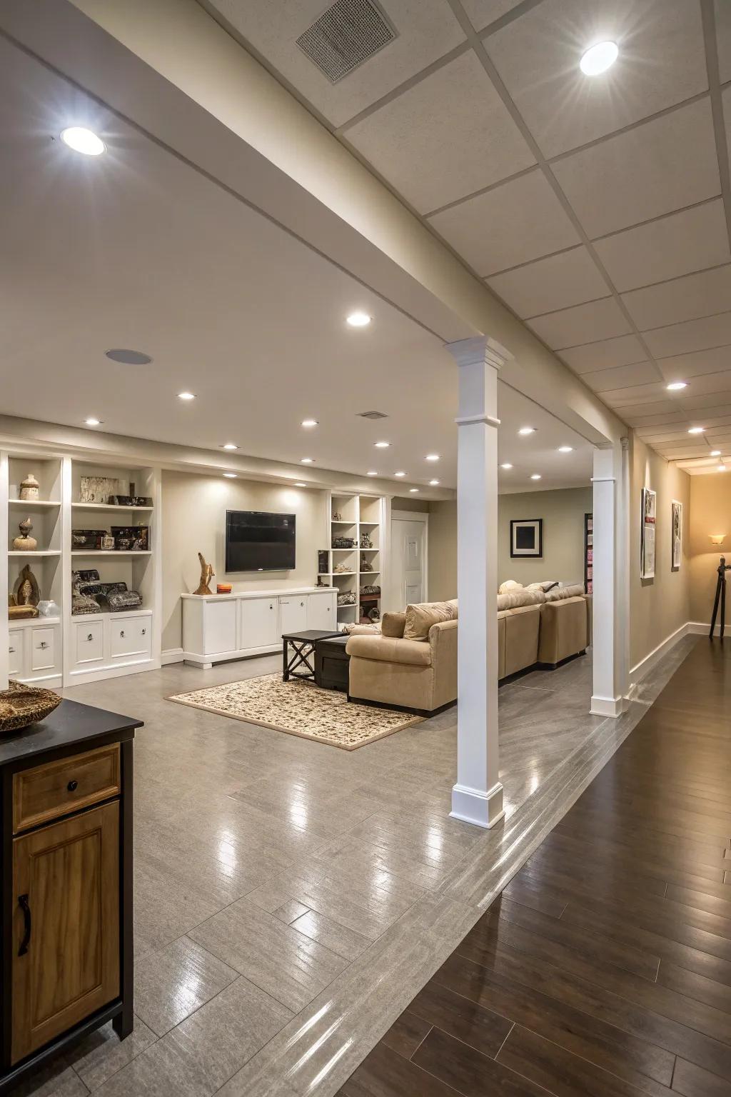 Bring life to your basement with strategically placed recessed lighting.