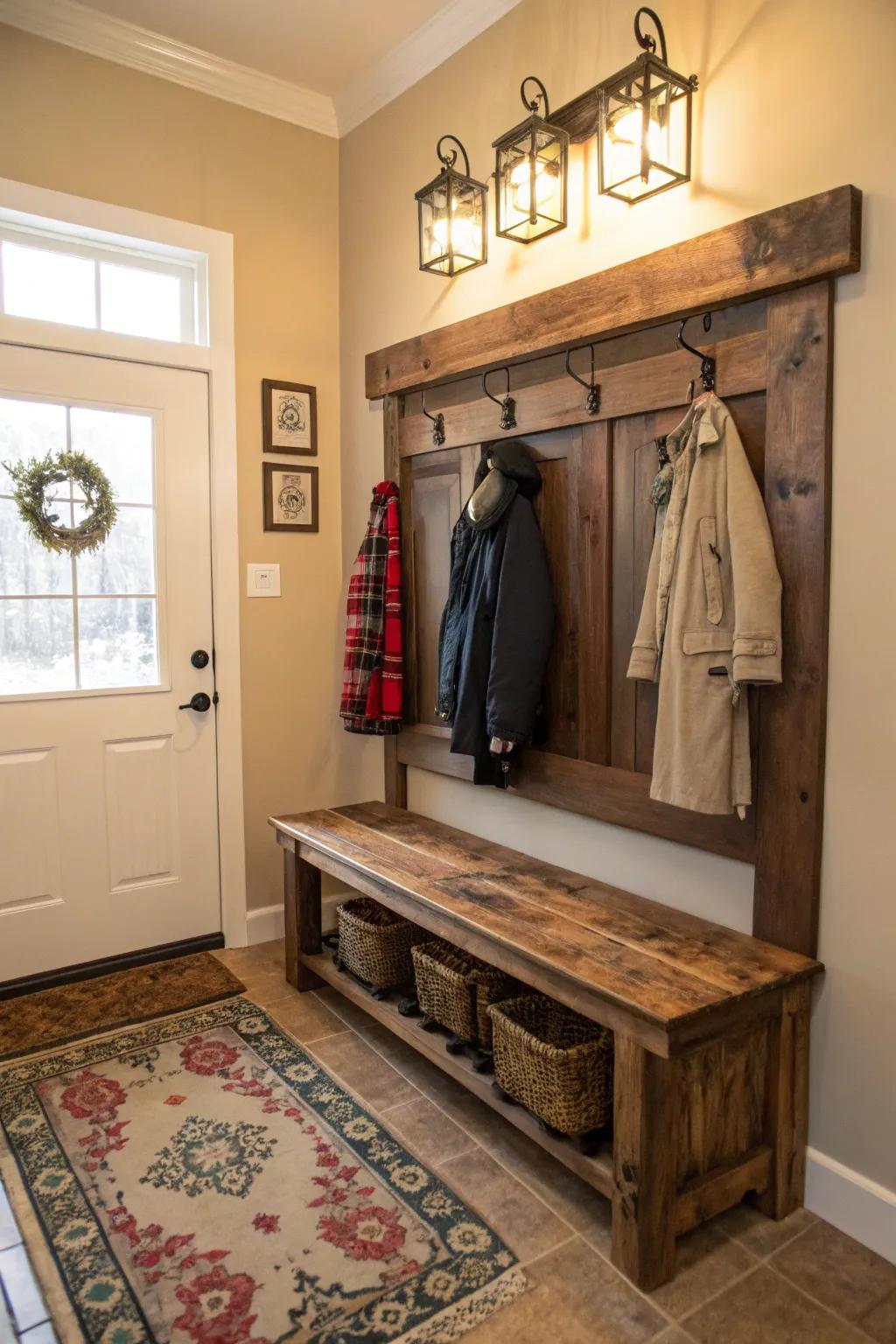 An entryway bench adds style and functionality.