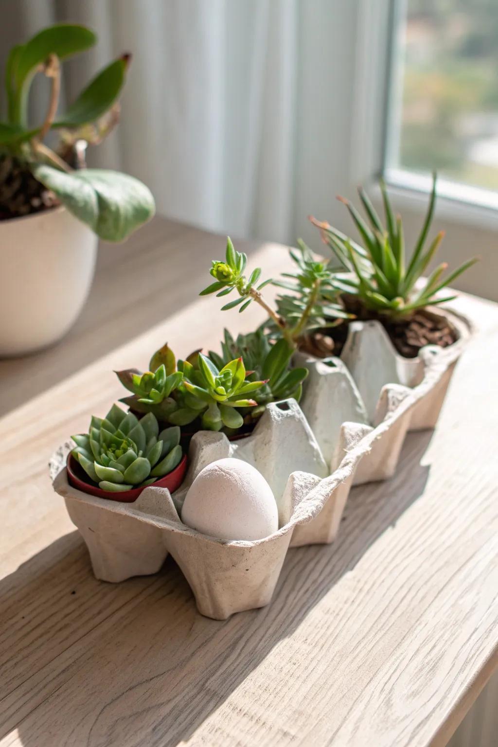 Transform your egg cartons into charming succulent planters – a perfect blend of sustainability and style!