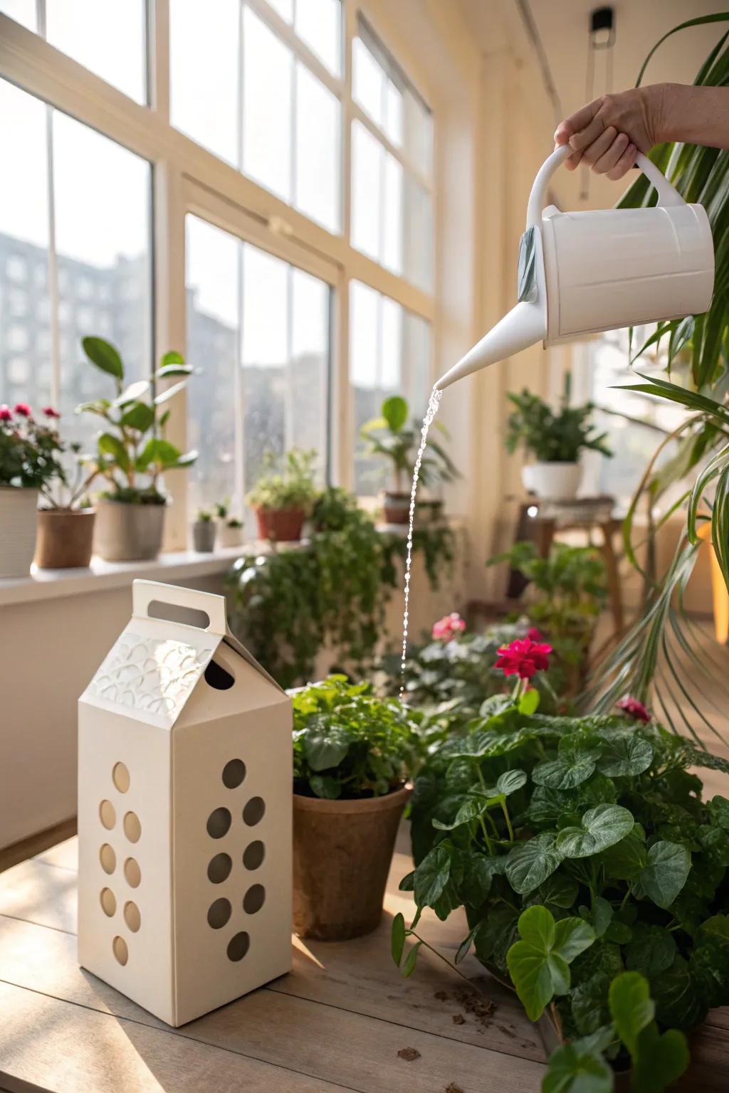 Keep your plants happy with an upcycled milk carton watering can.