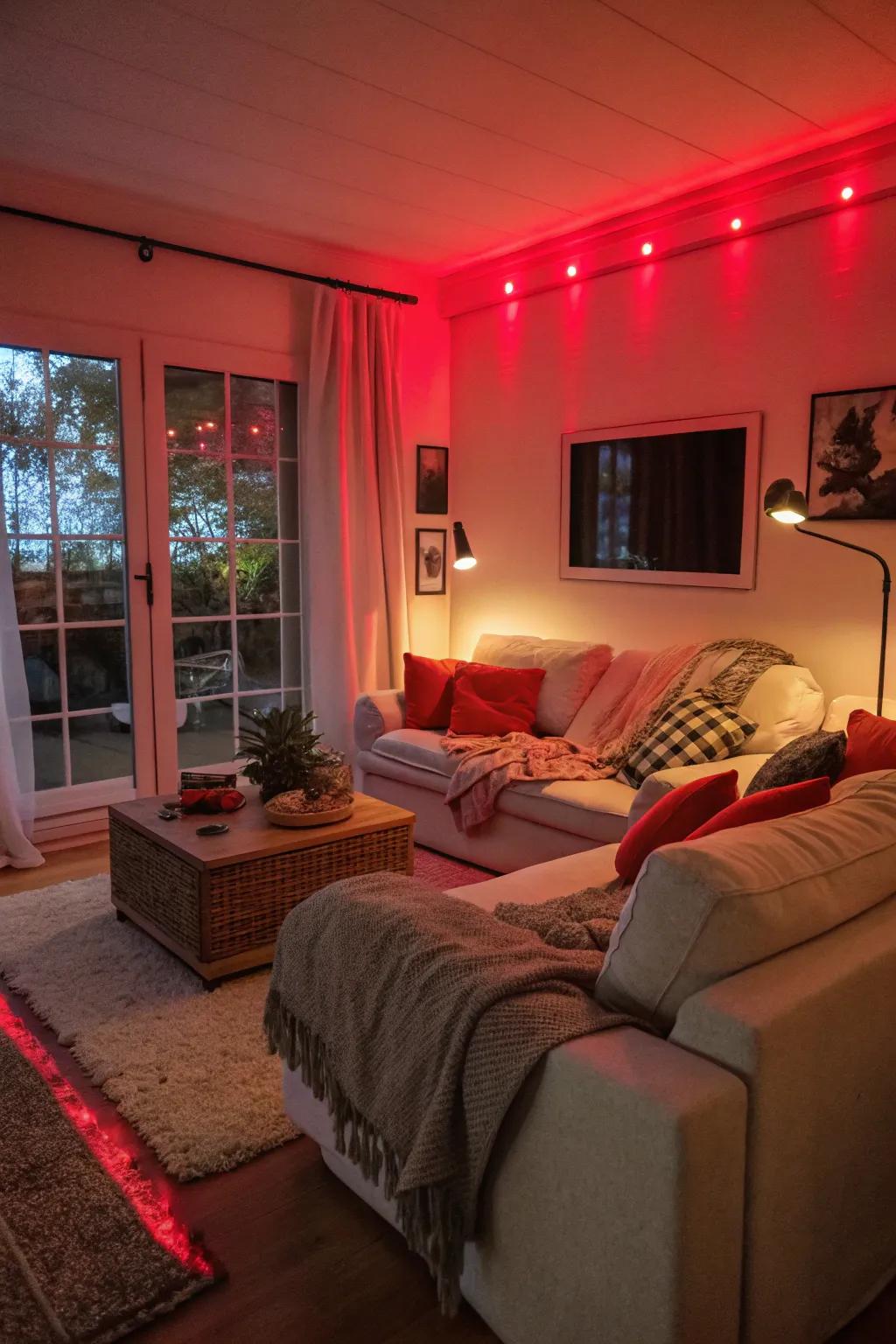 Red lighting adds warmth and intimacy to this living room.