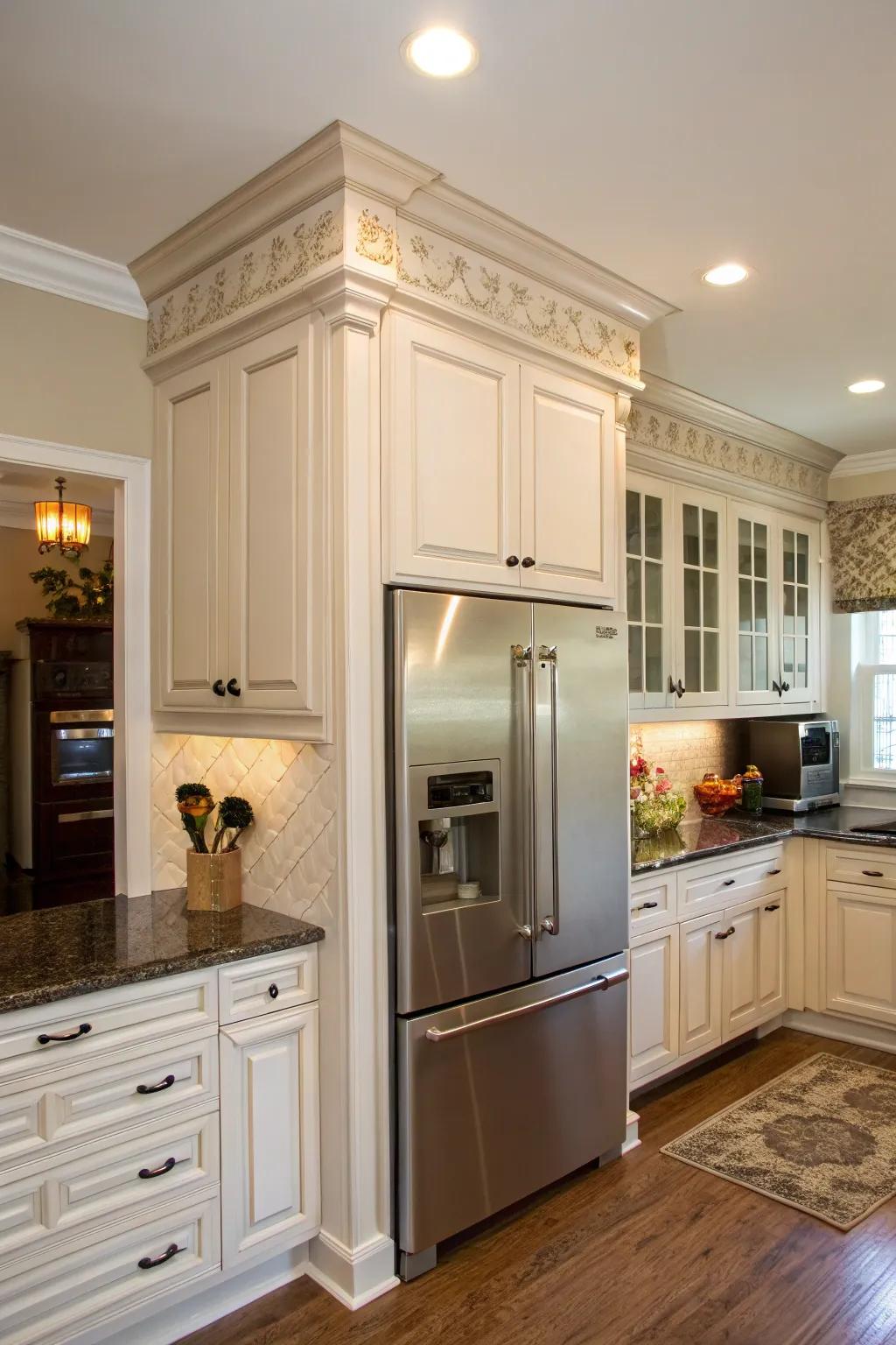 Crown molding adds a touch of elegance to your refrigerator cabinet.