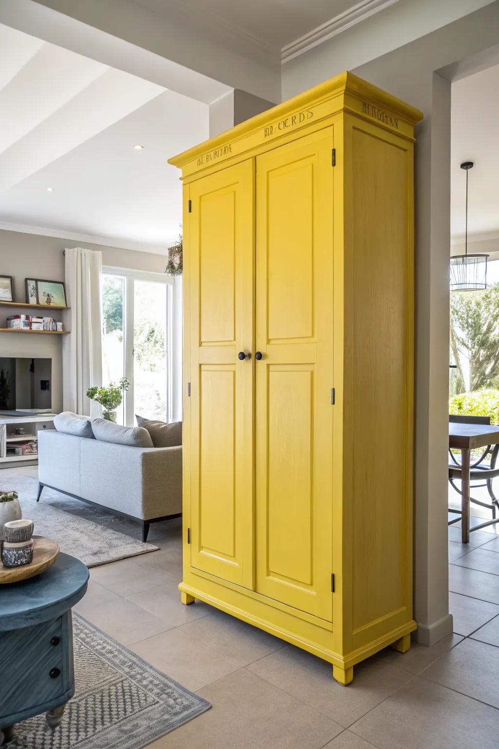 Bright paint transforms an armoire into a lively focal point.