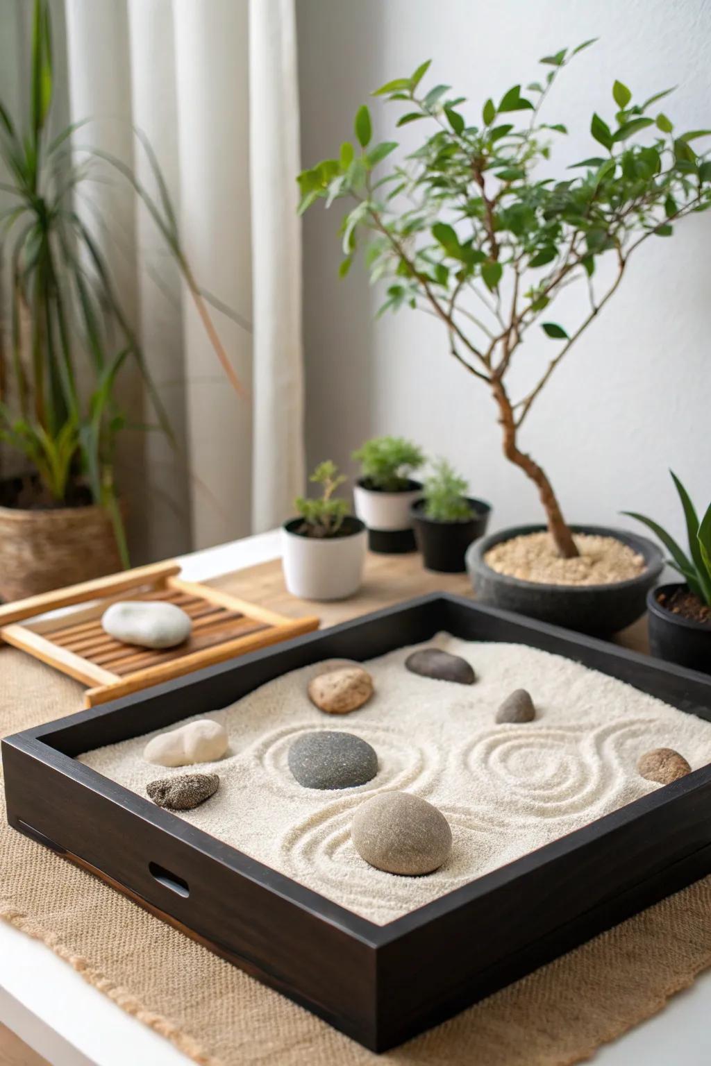 A DIY Zen garden offers tactile relaxation.