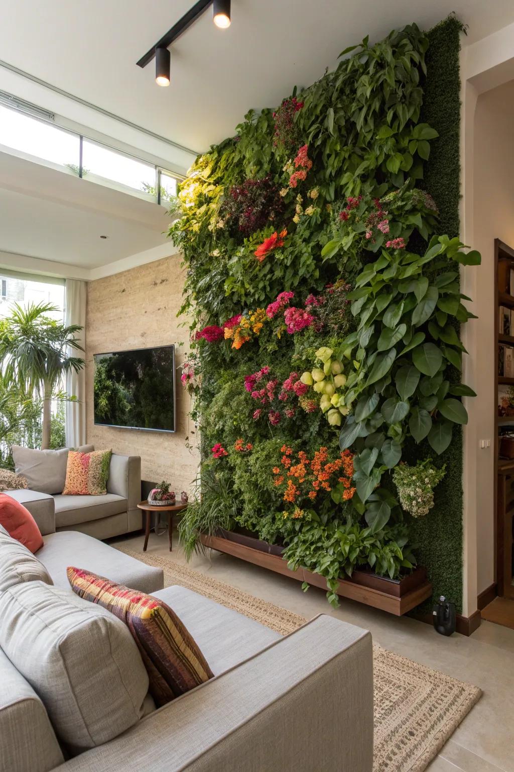 Wall-mounted planters create a living wall of greenery.