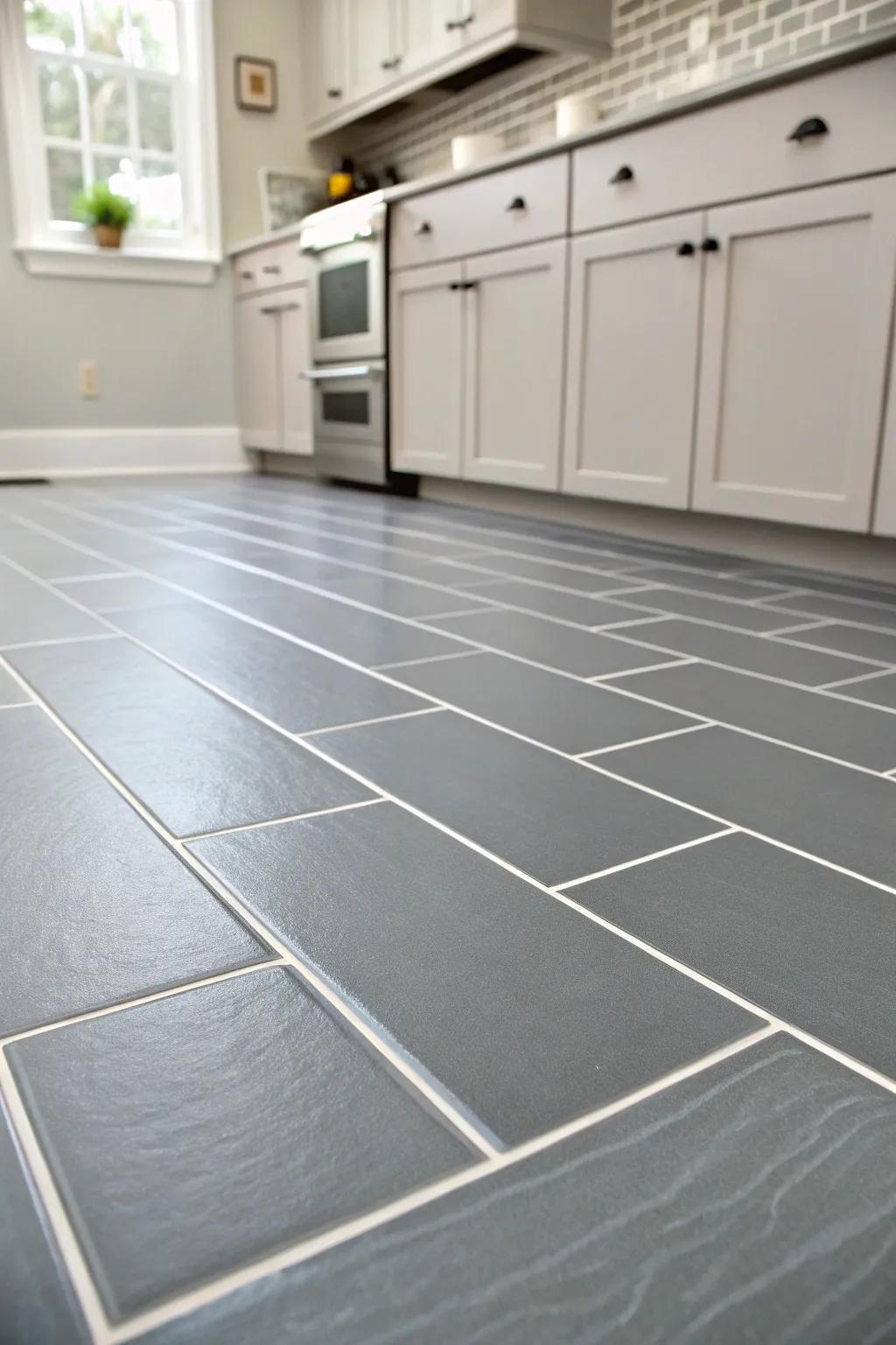 Stylish peel-and-stick tiles cover outdated rental kitchen flooring.