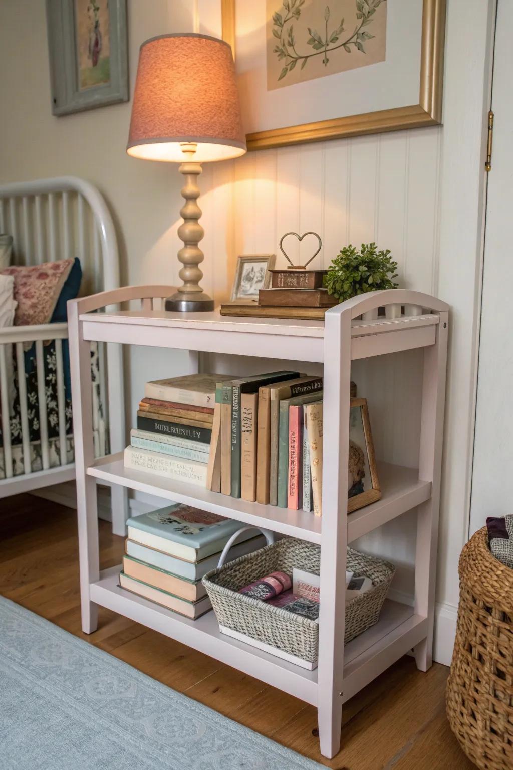 Transform your space with a touch of Scandinavian elegance and boho charm by repurposing your changing table into a cozy mini library.
