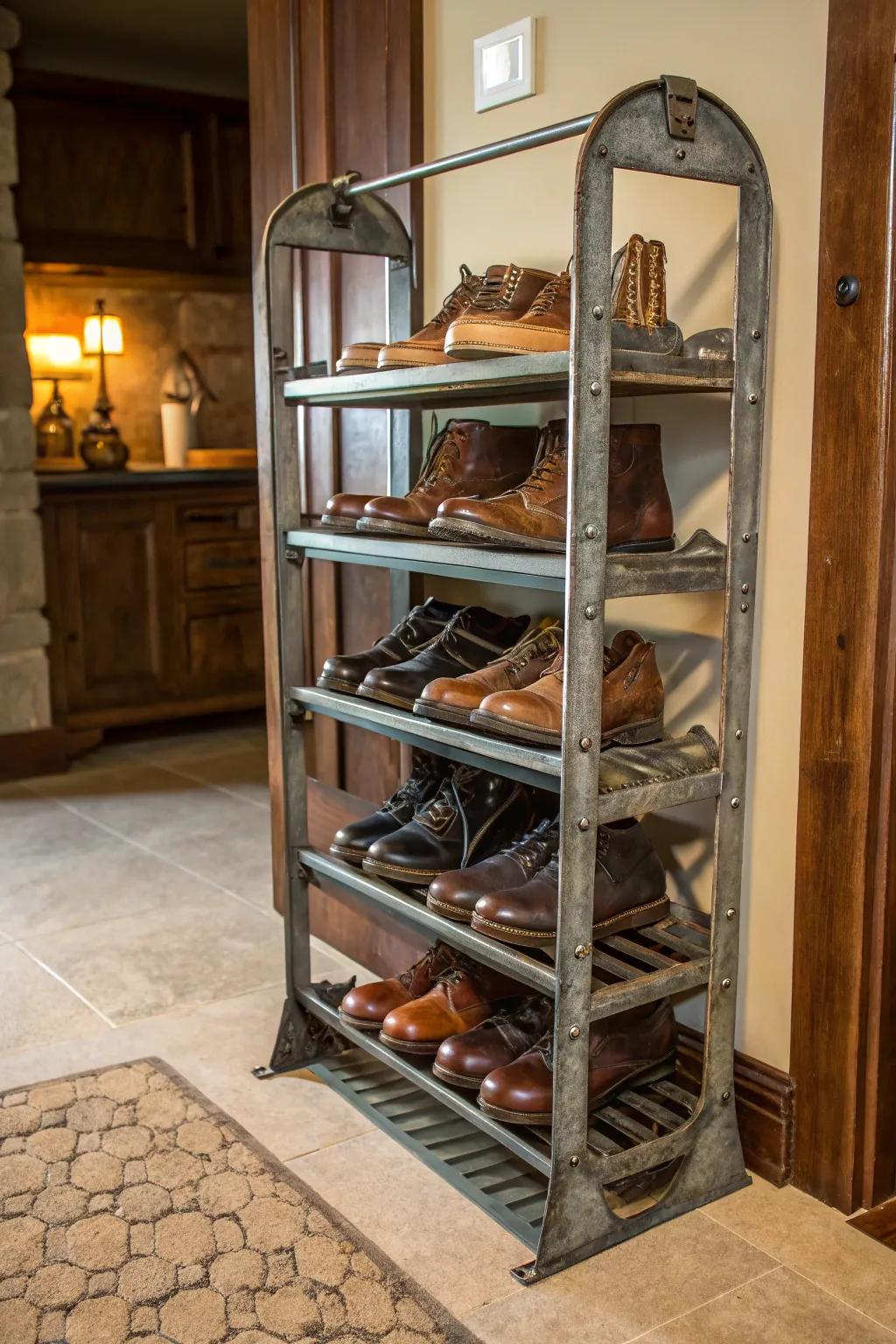 Transform clutter into style: a repurposed metal CD rack now serves as a chic shoe organizer.