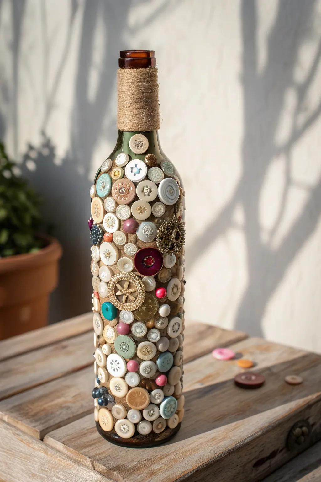 Transform wine bottles into boho chic decor with vintage buttons and beads. #CraftyBohoCharms