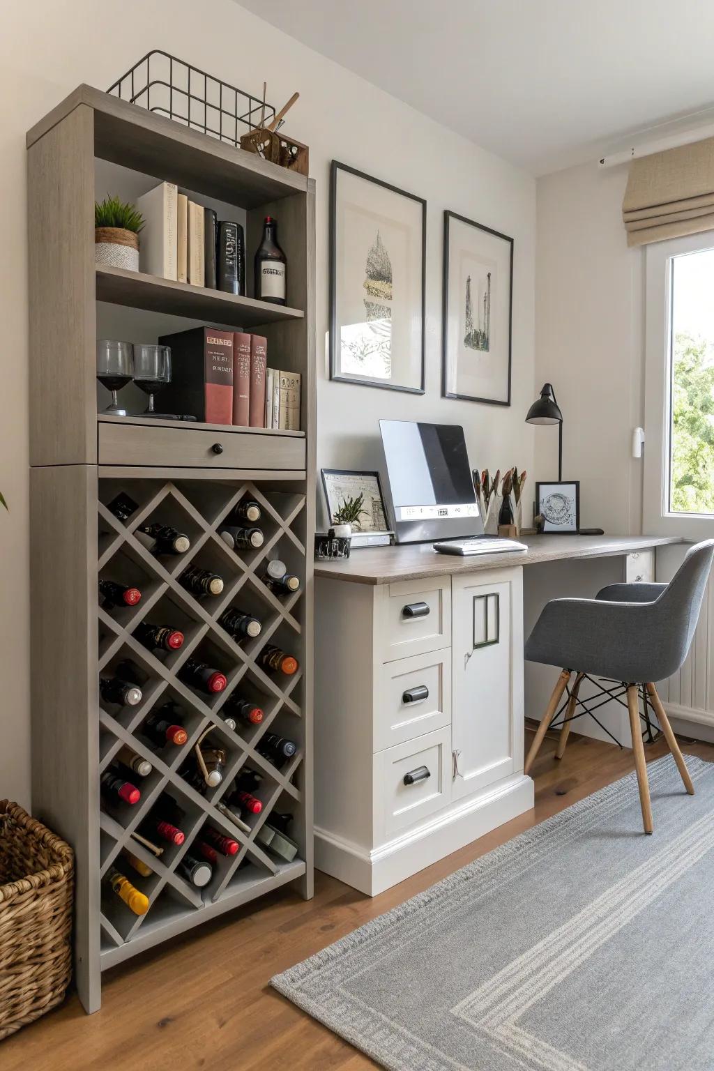 A tidy office supply station using a wine rack.