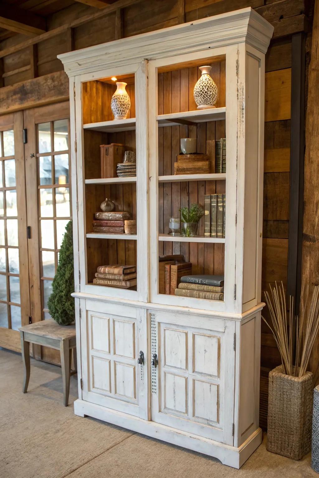 Transform vintage French doors into a stunning shelving masterpiece with timeless charm.