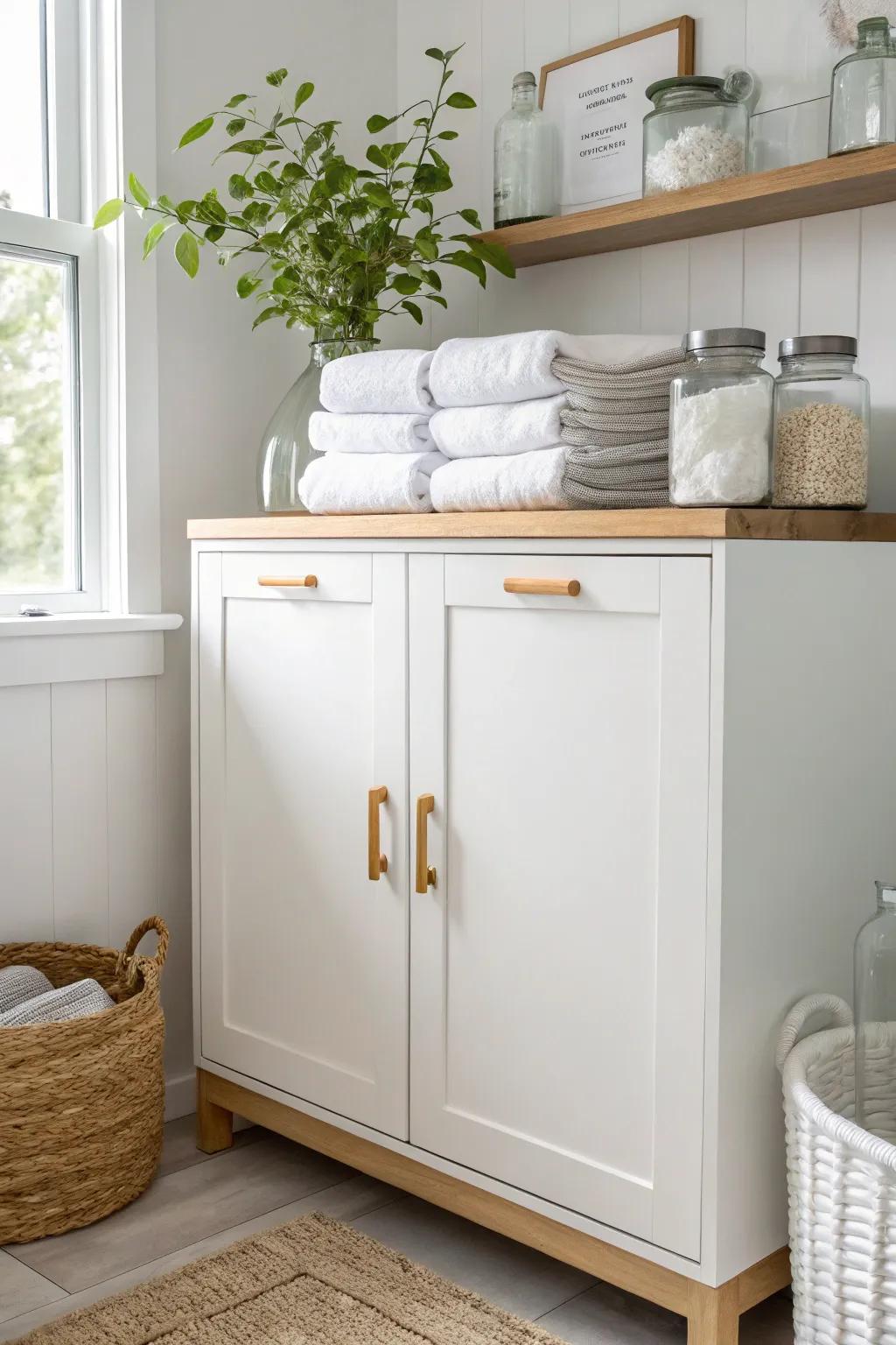 Transform your laundry space with minimalist elegance: a repurposed cabinet that blends Scandinavian simplicity with boho warmth.