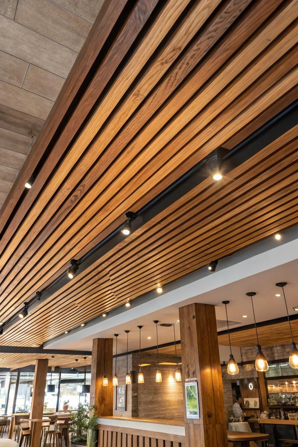 Wooden slats add warmth and texture to restaurant ceilings.