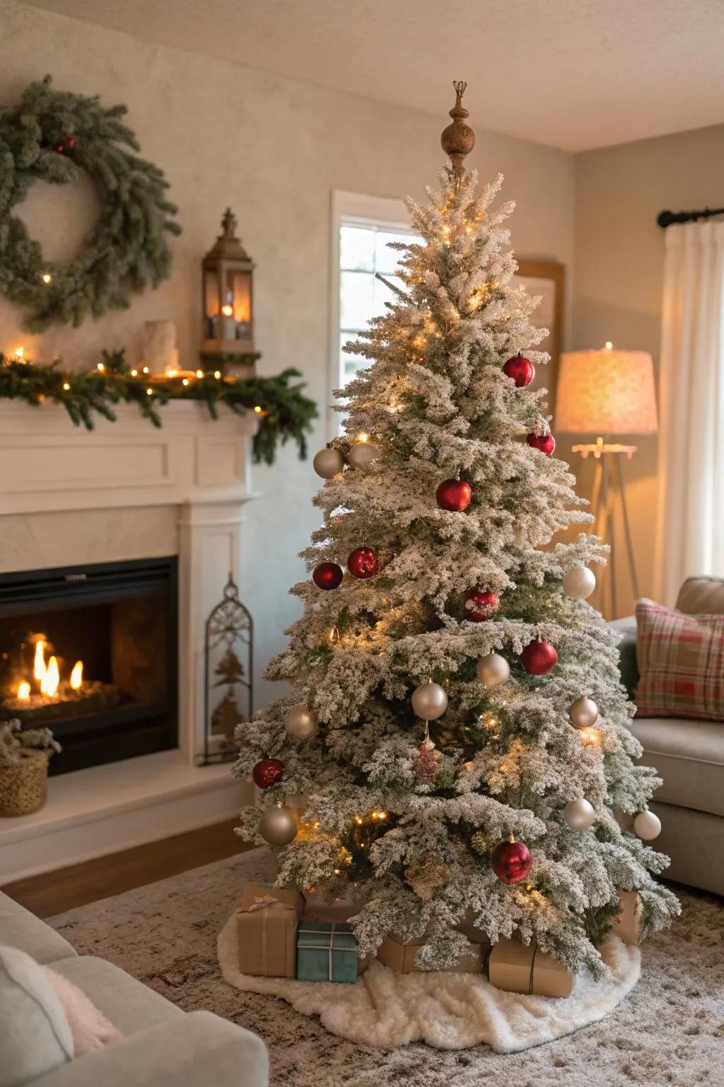 Flocked trees create a snowy wonderland indoors.