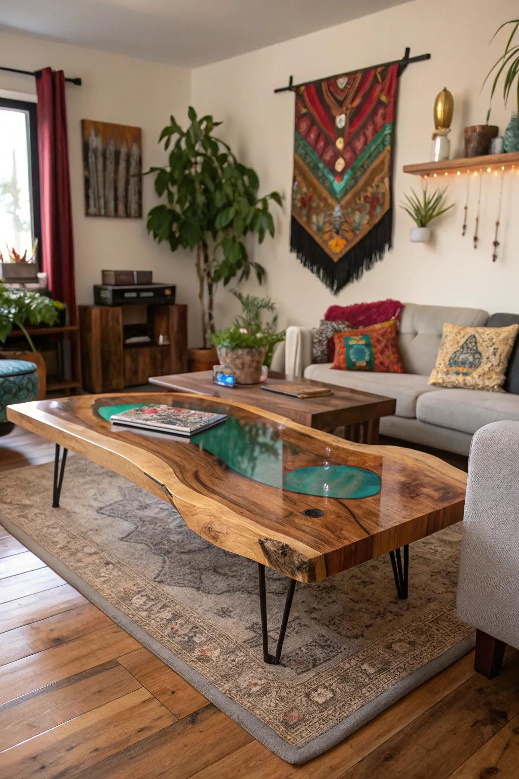 Create a unique look with mixed wood river tables.