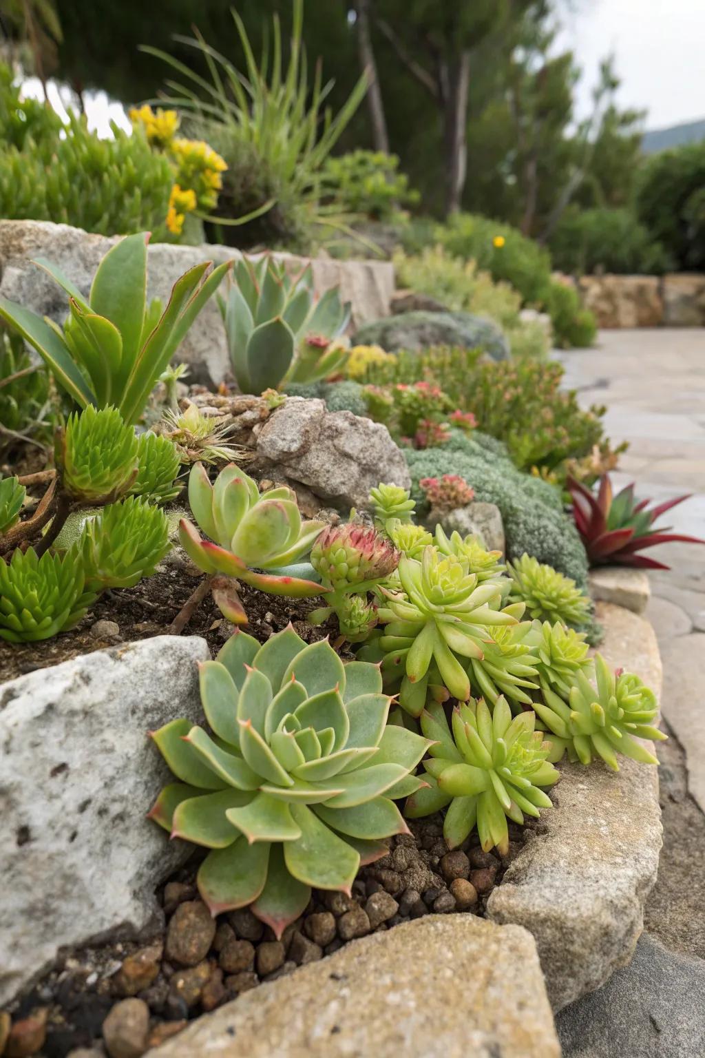 Colorful succulents add vibrant pops of color to a rock garden.