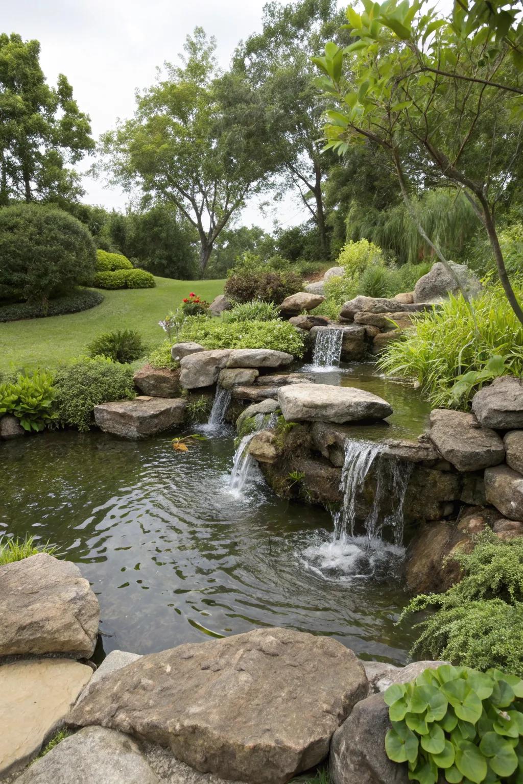 A rock water feature adds a dynamic and soothing element to the garden.