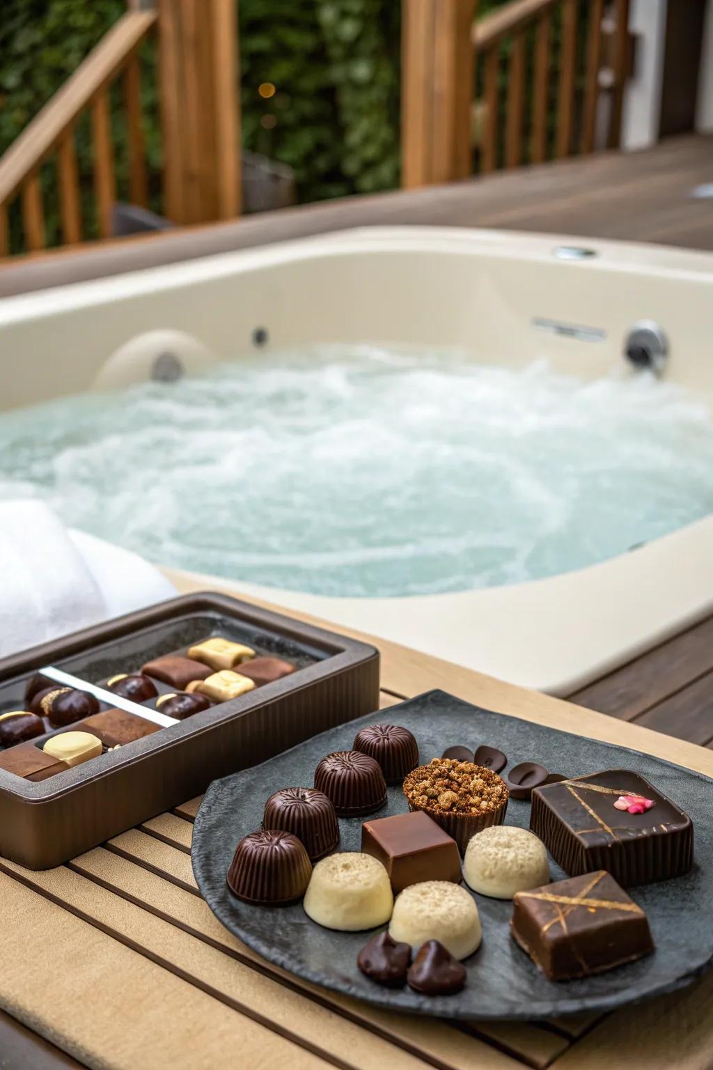 Indulge in chocolate treats for a decadent jacuzzi experience.