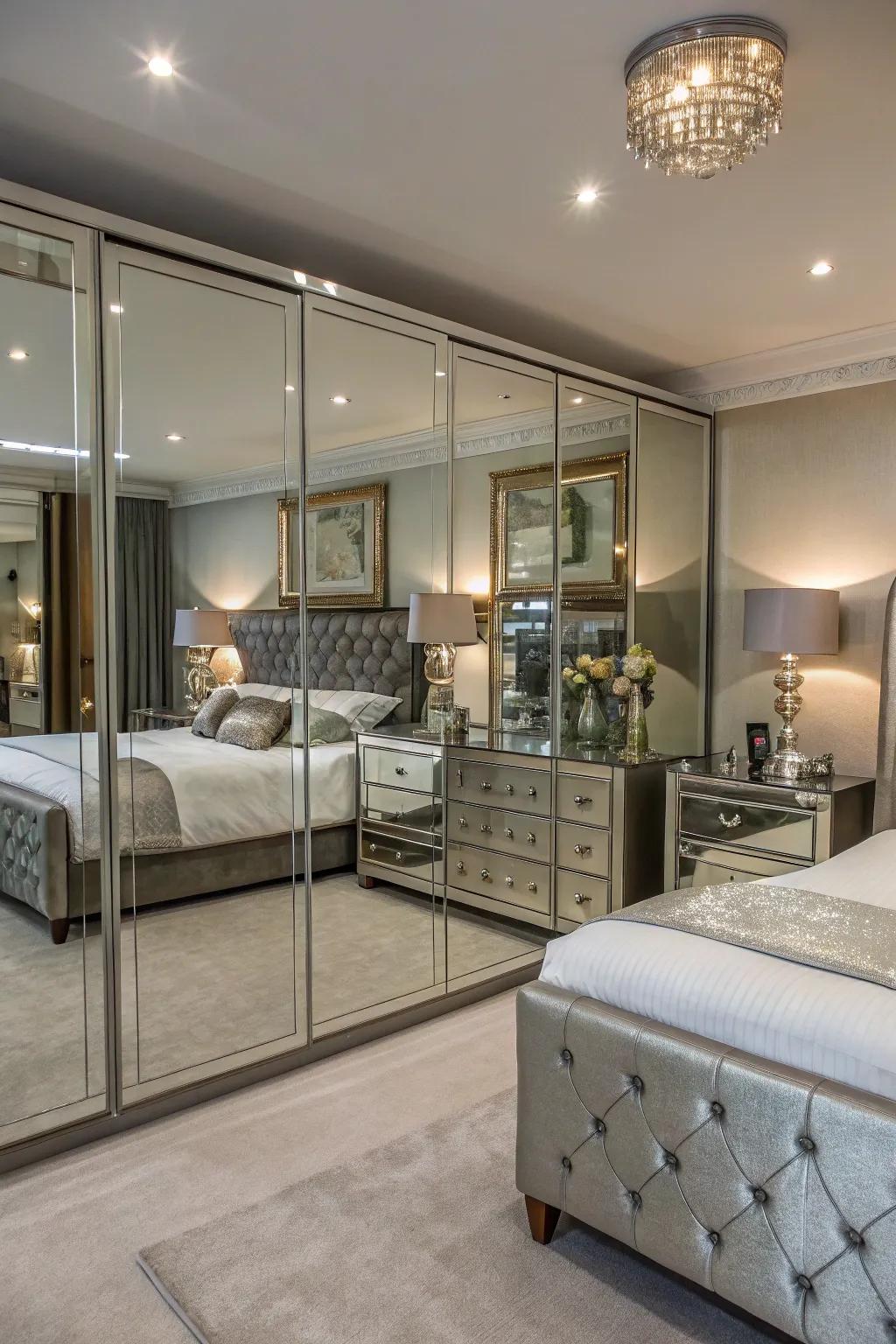 Mirrored furniture adds glamour and reflects light to enhance the room's ambiance.