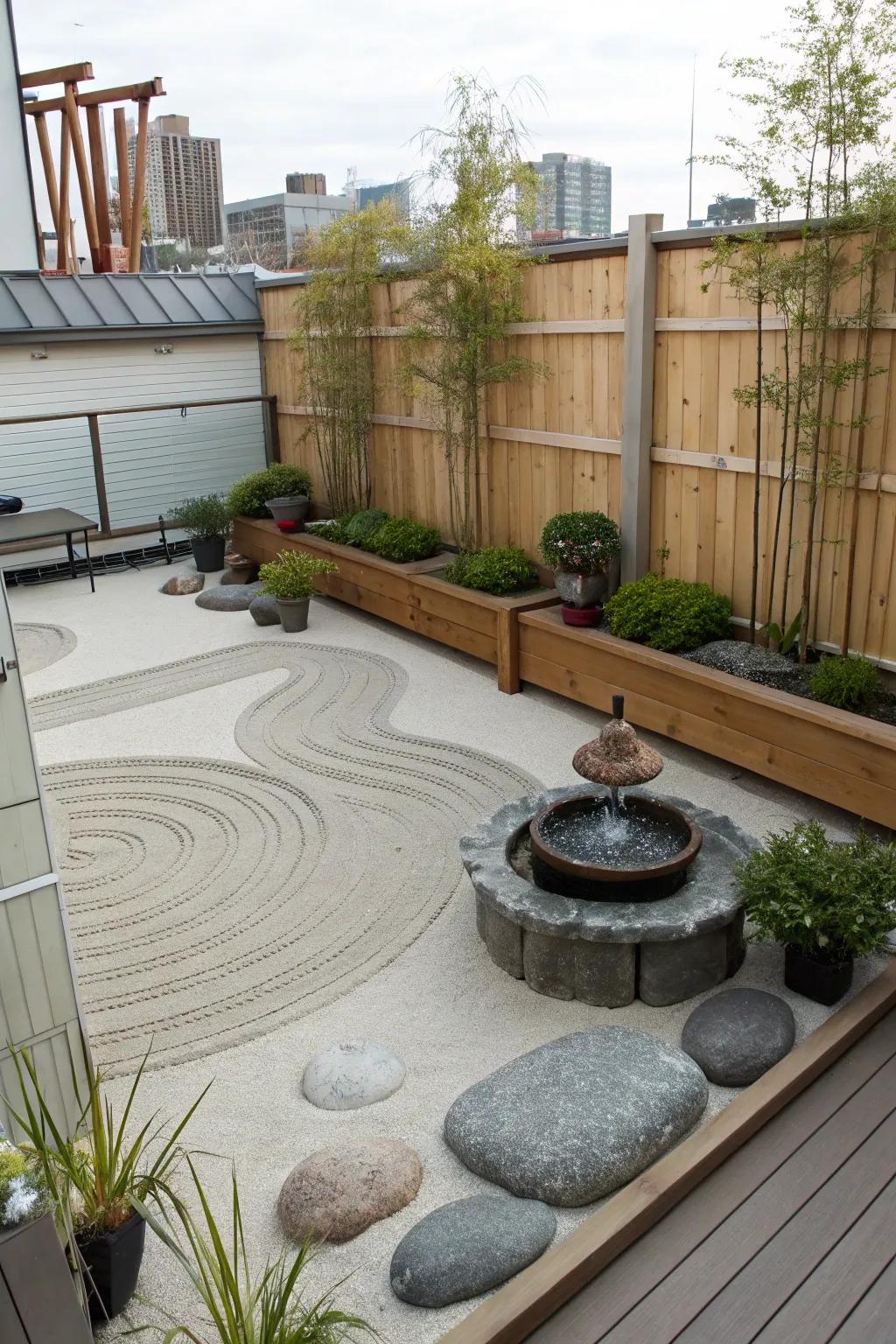 A Zen garden provides a tranquil retreat on your rooftop.