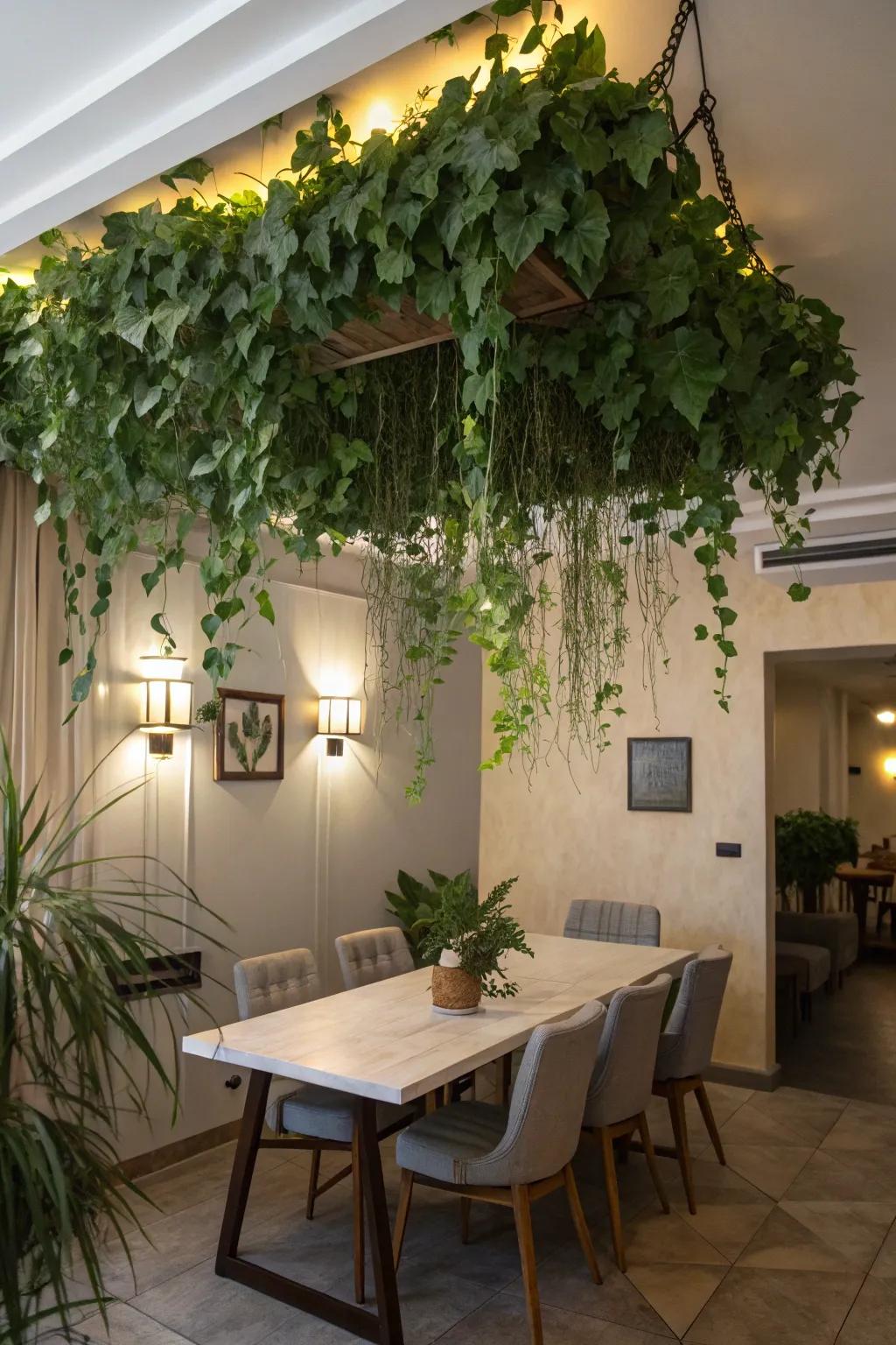 Dining area with a whimsical ivy canopy.