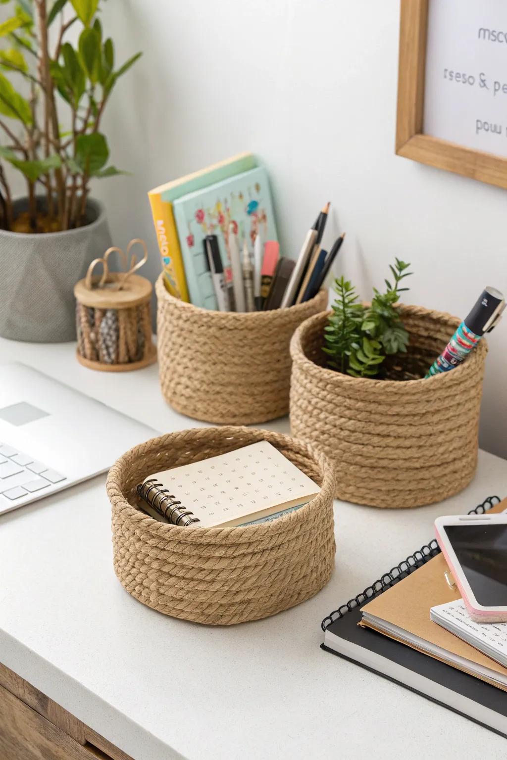 Mini rope baskets help organize office supplies stylishly.