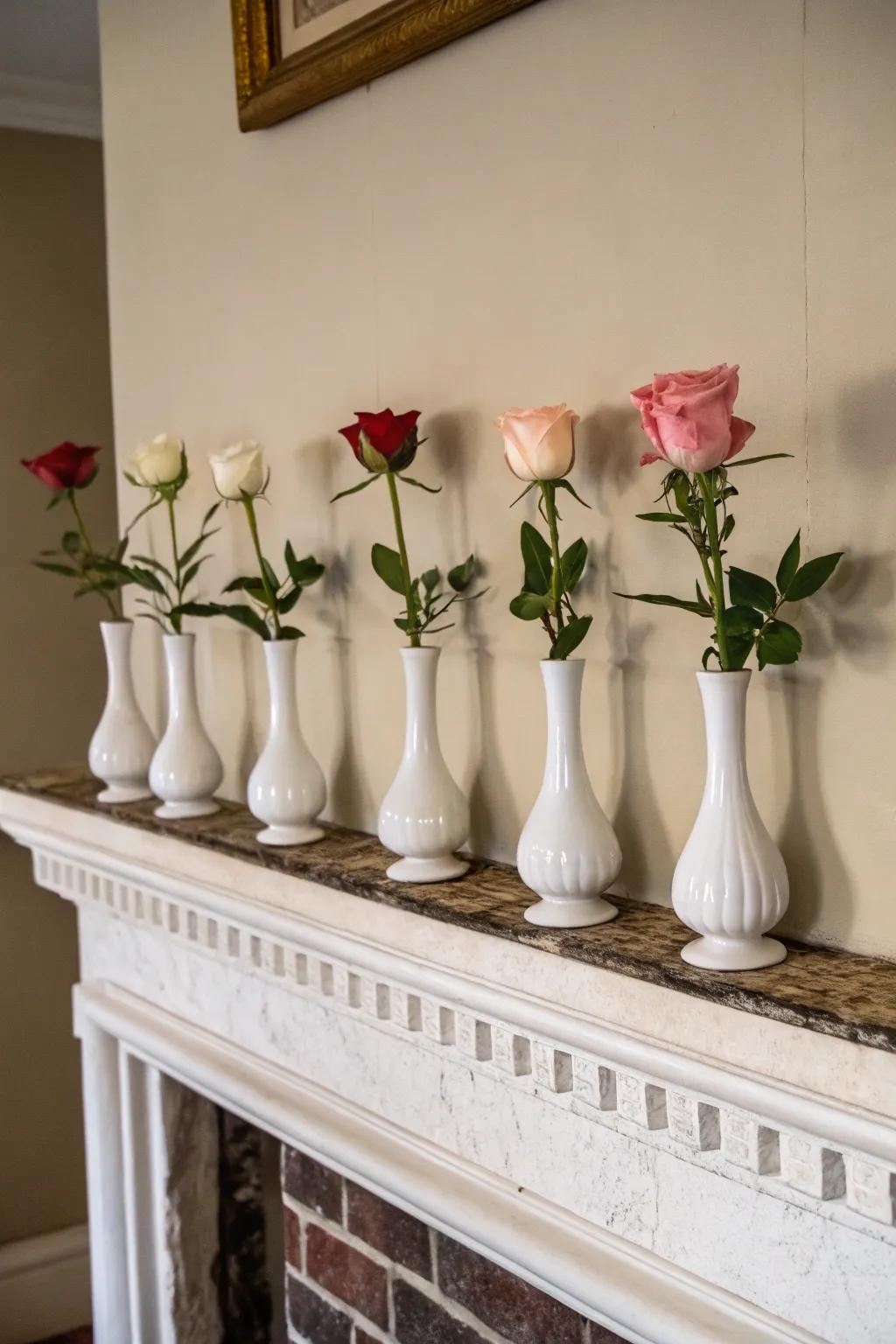 Bud vases with single roses create a balanced and harmonious display.