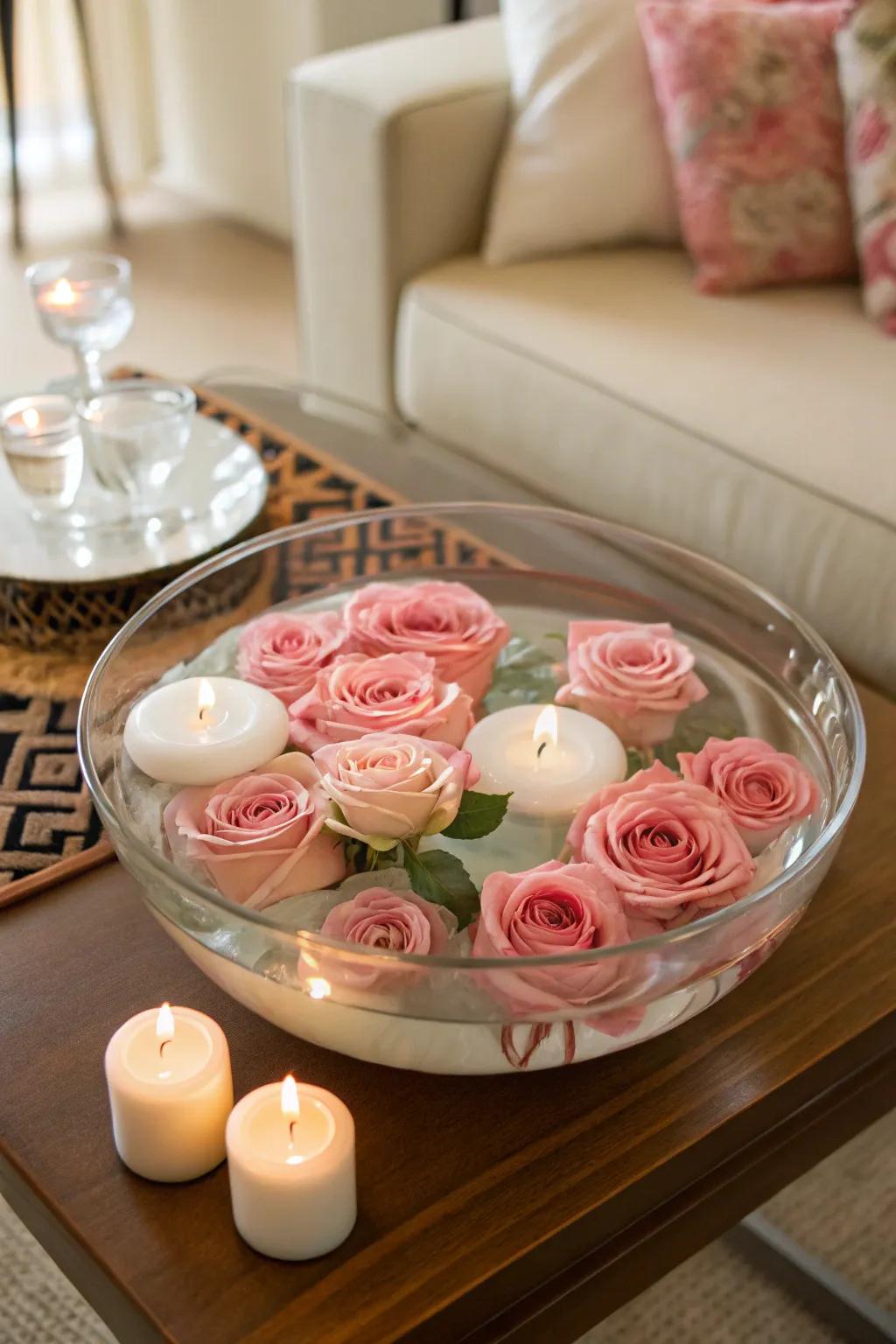 Floating roses create an elegant and serene atmosphere.