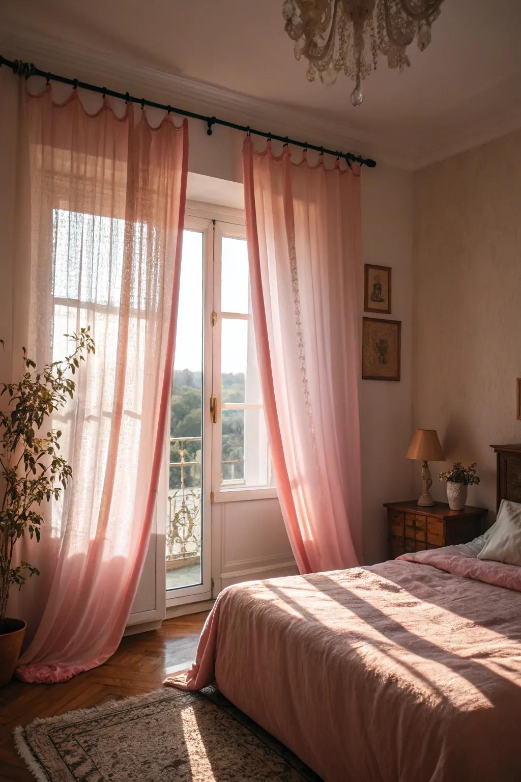 Soft pink curtains for a dreamy, romantic feel.