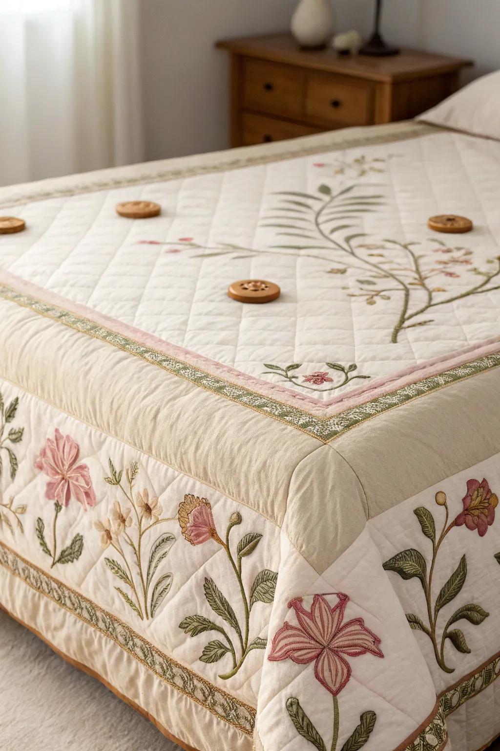 Elevate your quilt's charm with artisanal appliqué and subtle embellishments. Discover the beauty in every stitch.