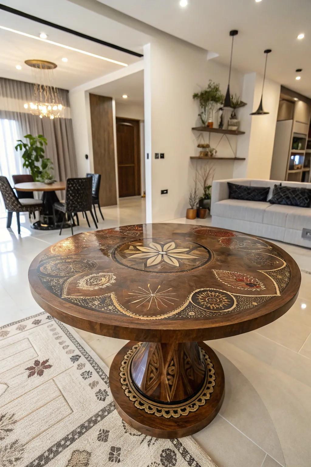 Epoxy round tables offer a unique and artistic centerpiece.