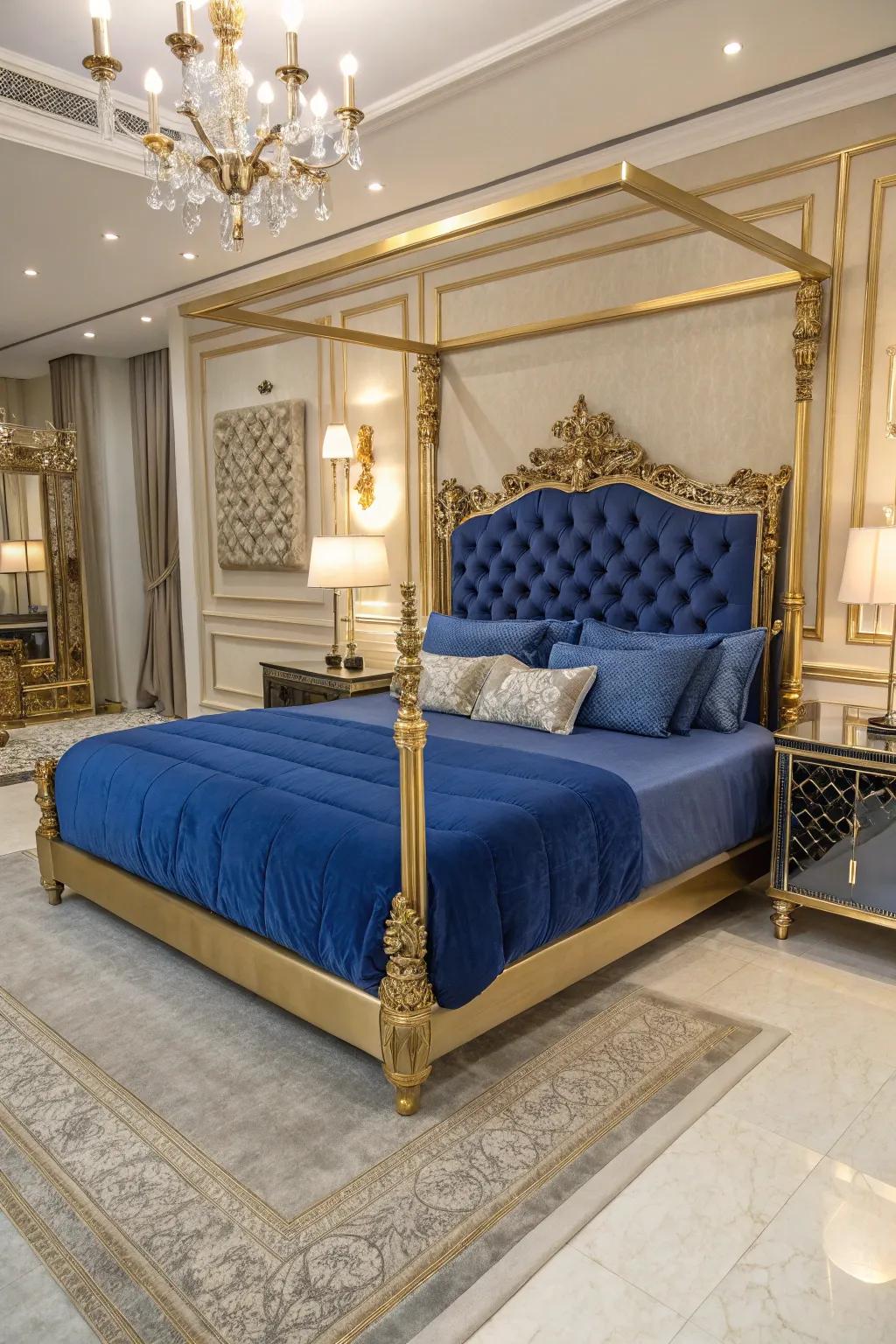 A glamorous gold bed frame complements royal blue bedding.