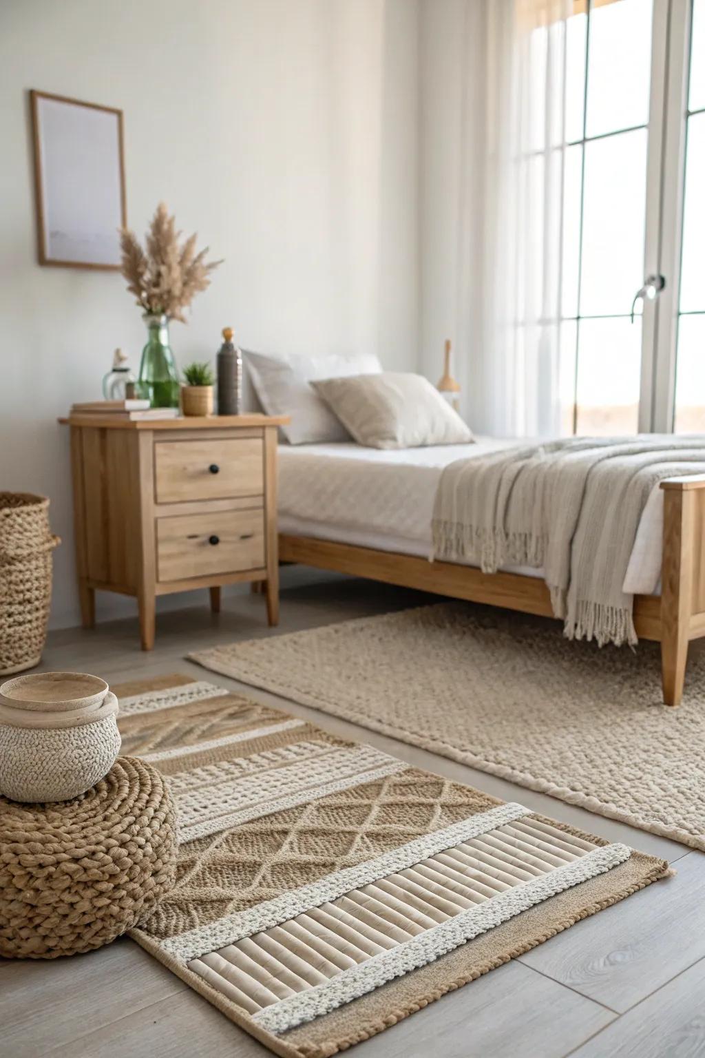 Neutral tones in a rug contribute to a tranquil and minimalist bedroom ambiance.