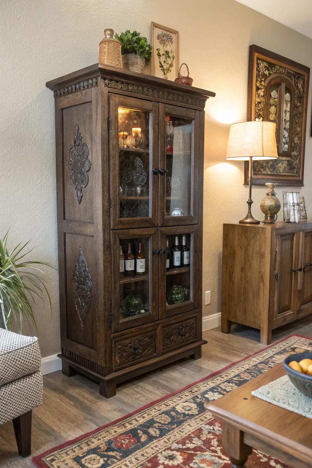 A compact rustic bar cabinet, perfect for cozy apartments.