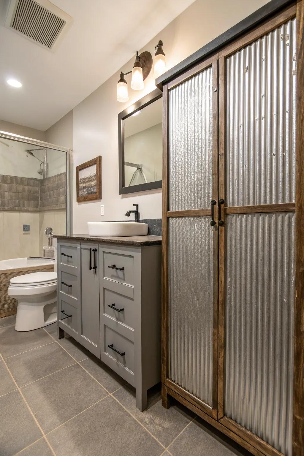 Bathroom cabinets are given new life with corrugated metal paneling, enhancing rustic appeal.