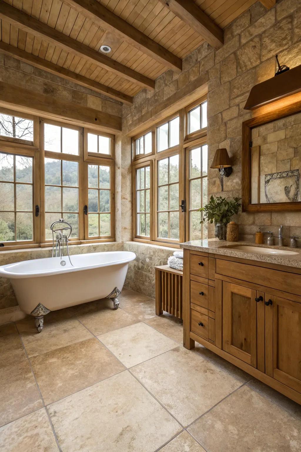 Natural light enhances the warm, earthy tones of travertine.