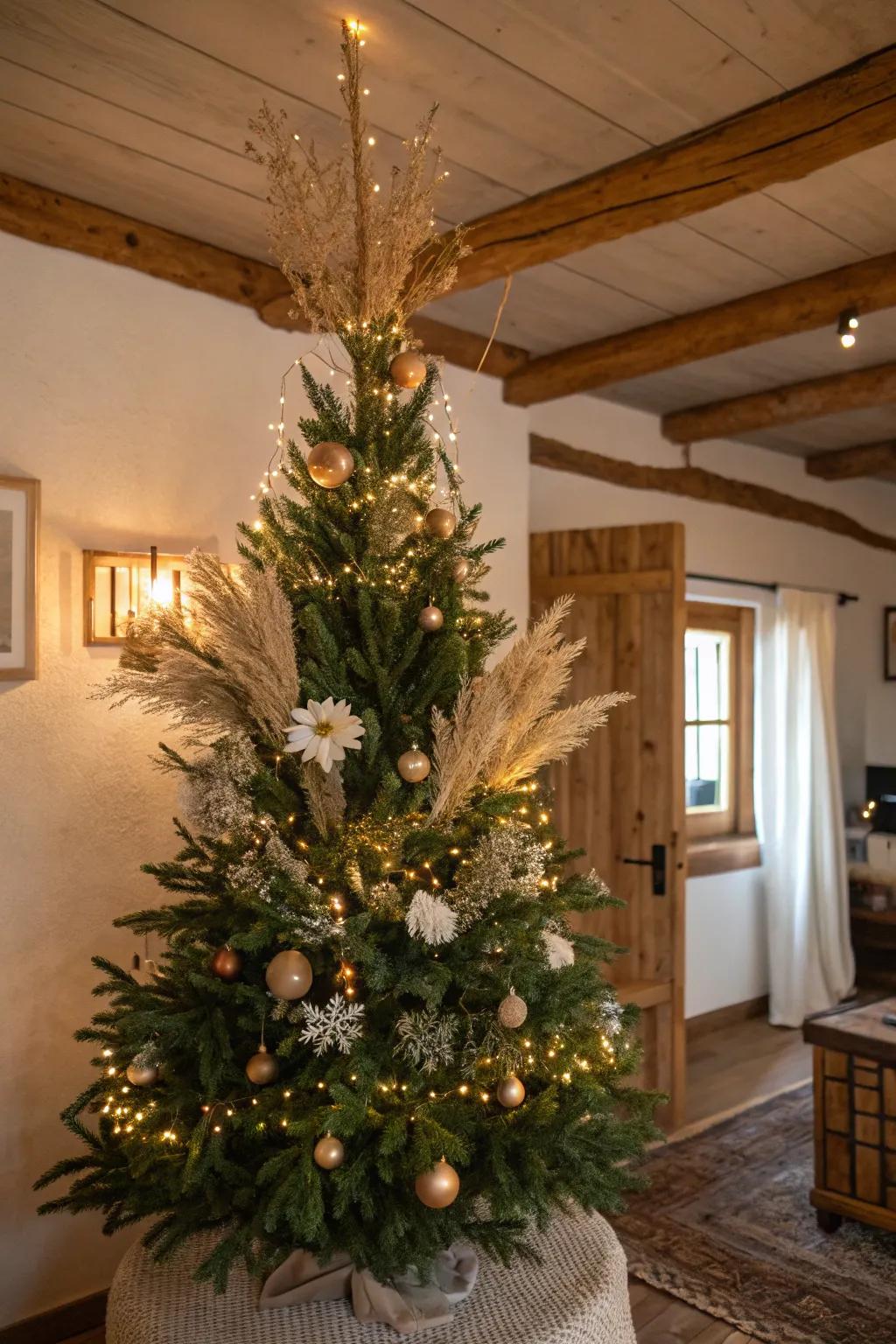 A dried flower bouquet brings color and whimsy to this rustic Christmas tree.