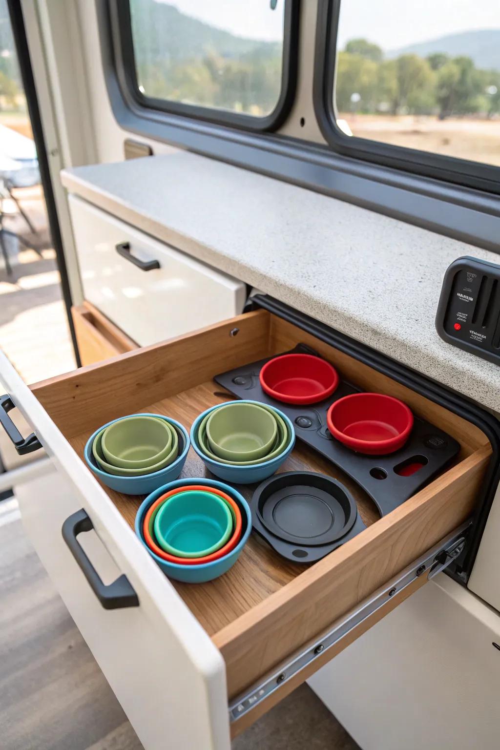 Collapsible measuring cups save space efficiently.