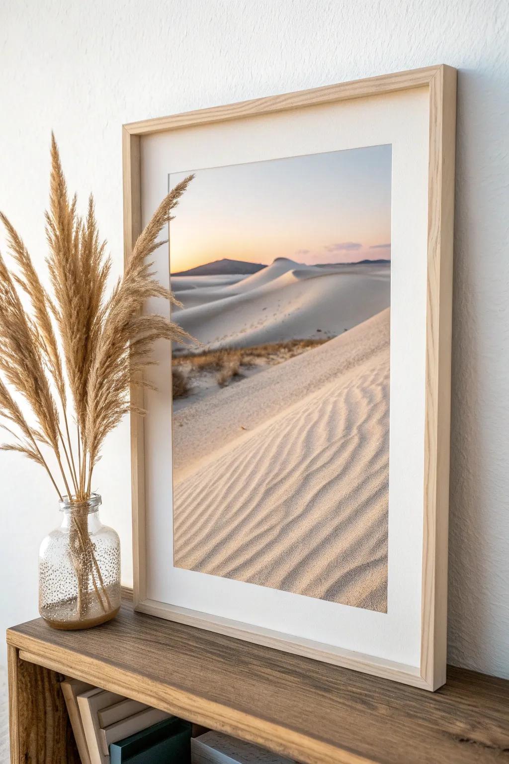 Capture the timeless beauty of nature with elegant framed sand art. Perfect for bringing a touch of adventure into your minimalist space.