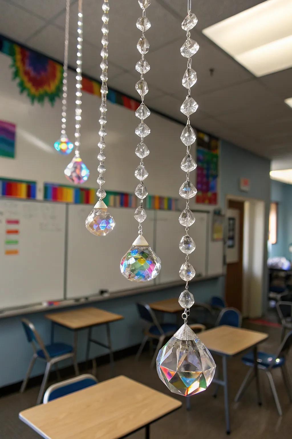 Hanging crystals create enchanting light displays in the classroom.