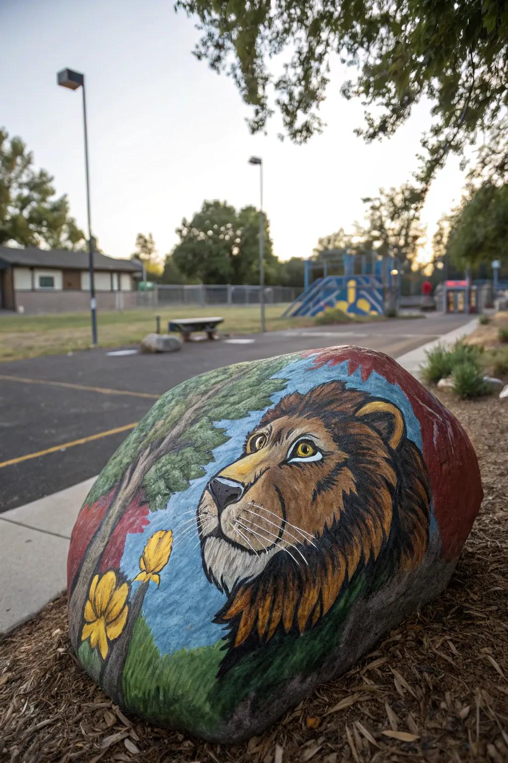 A detailed animal portrait painting bringing personality to a school rock.